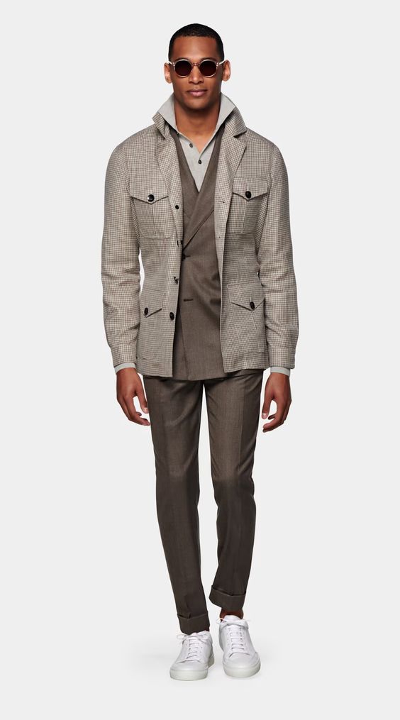 SuitSupply men’s Taupe Houndstooth Belted Safari Jacket | Divine Style