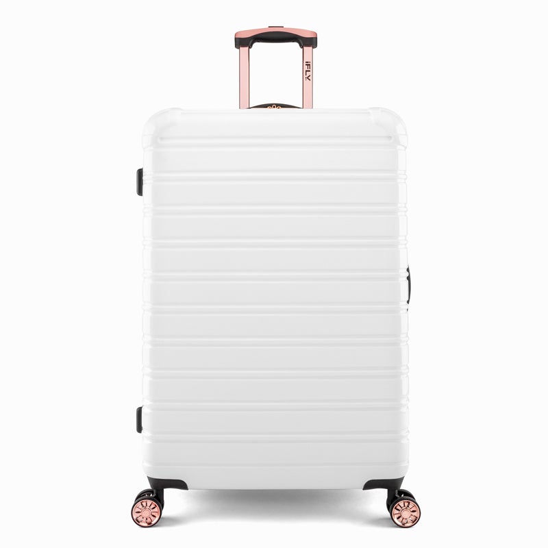 Favorite Travel Accessories to Stay Organized, white suitcase, iFLY Fibretech White Rose Gold spinner suitcase