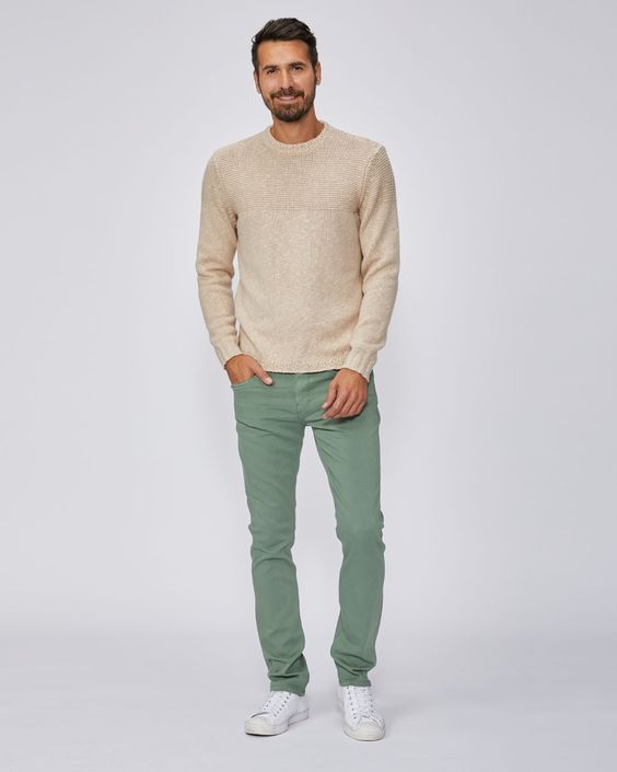 The Spring Denim Edit, spring colored jeans, men's green jeans outfit, Paige men's federal quiet sea jeans