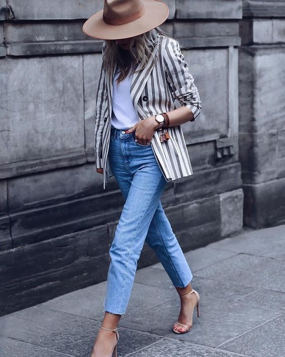 The Spring Denim Edit, spring jeans trends, straight leg jeans, women's striped blazer, white tee and blue straight leg jeans