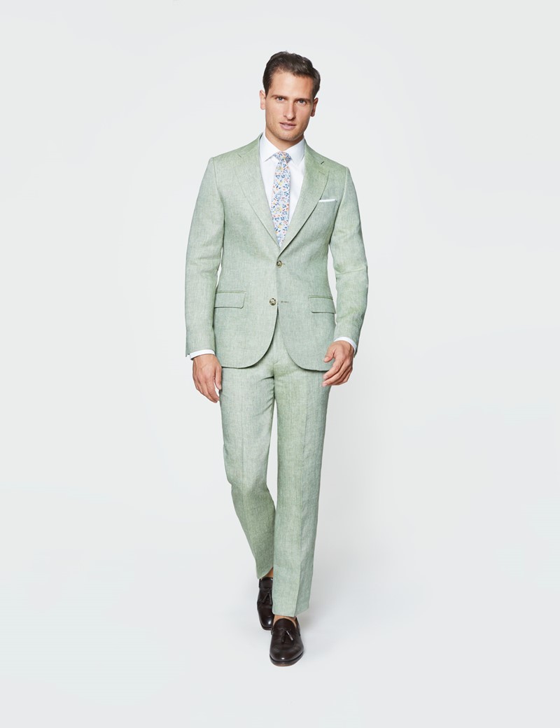 Men's Green Semi Plain Linen Tailored Fit Italian Suit - 1913 Collection