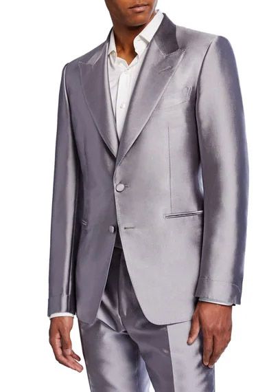 Your Summer Party Invites & What to Wear, What to Wear to a Black Tie Summer Party, Tom Ford Men's metallic shawl collar dinner jacket gray