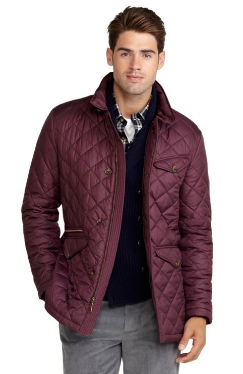 Fall Jackets + Coveted Coats | Layer in Style, men's burgundy puffer jacket with black sweater and gray pants