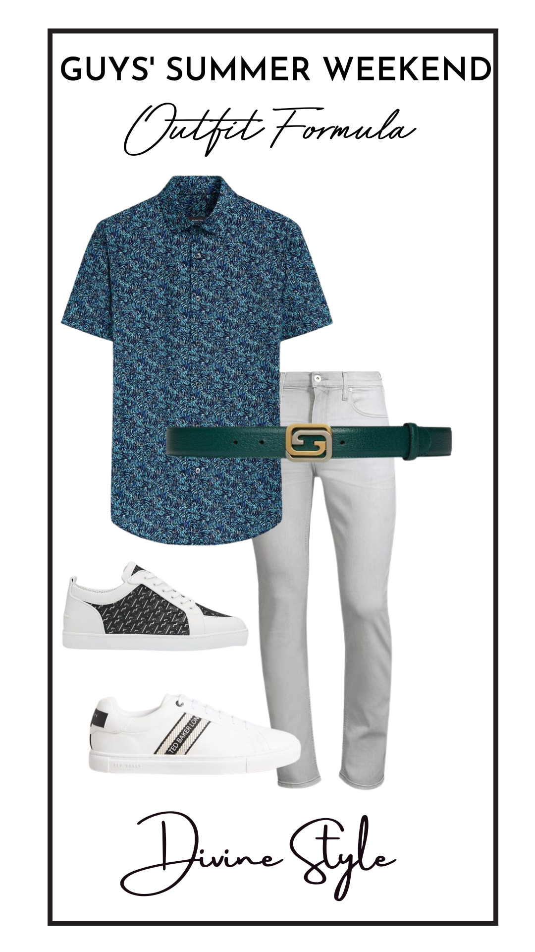 Guys Summer Weekend Outfit Formula, print button up casual shirt and jeans summer men's outfit
