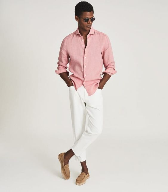 Guys' Summer Weekend Outfit Formulas, men's pink linen shirt, white pants, and moccasins summer outfit