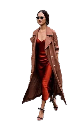 Fall Colors of the Season- Chocolate Brown & Red, red silk dress and brown trench coat