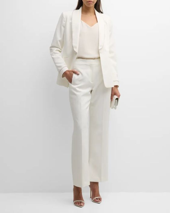 Holiday Wardrobe Checklist, statement suit, women's crystal lined ivory blazer and pants