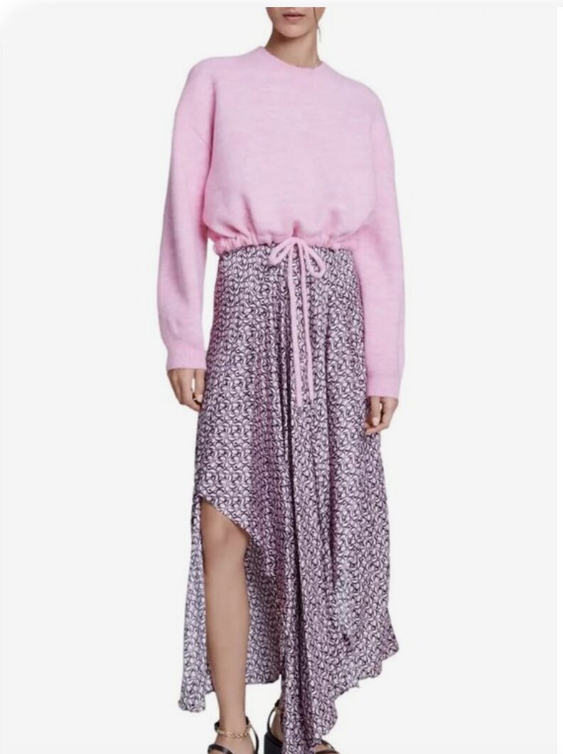 Pink...Wearing the 'IT' Color in a Modern Way, wearing shades of pink in prints, women's pink sweater with print maxi skir