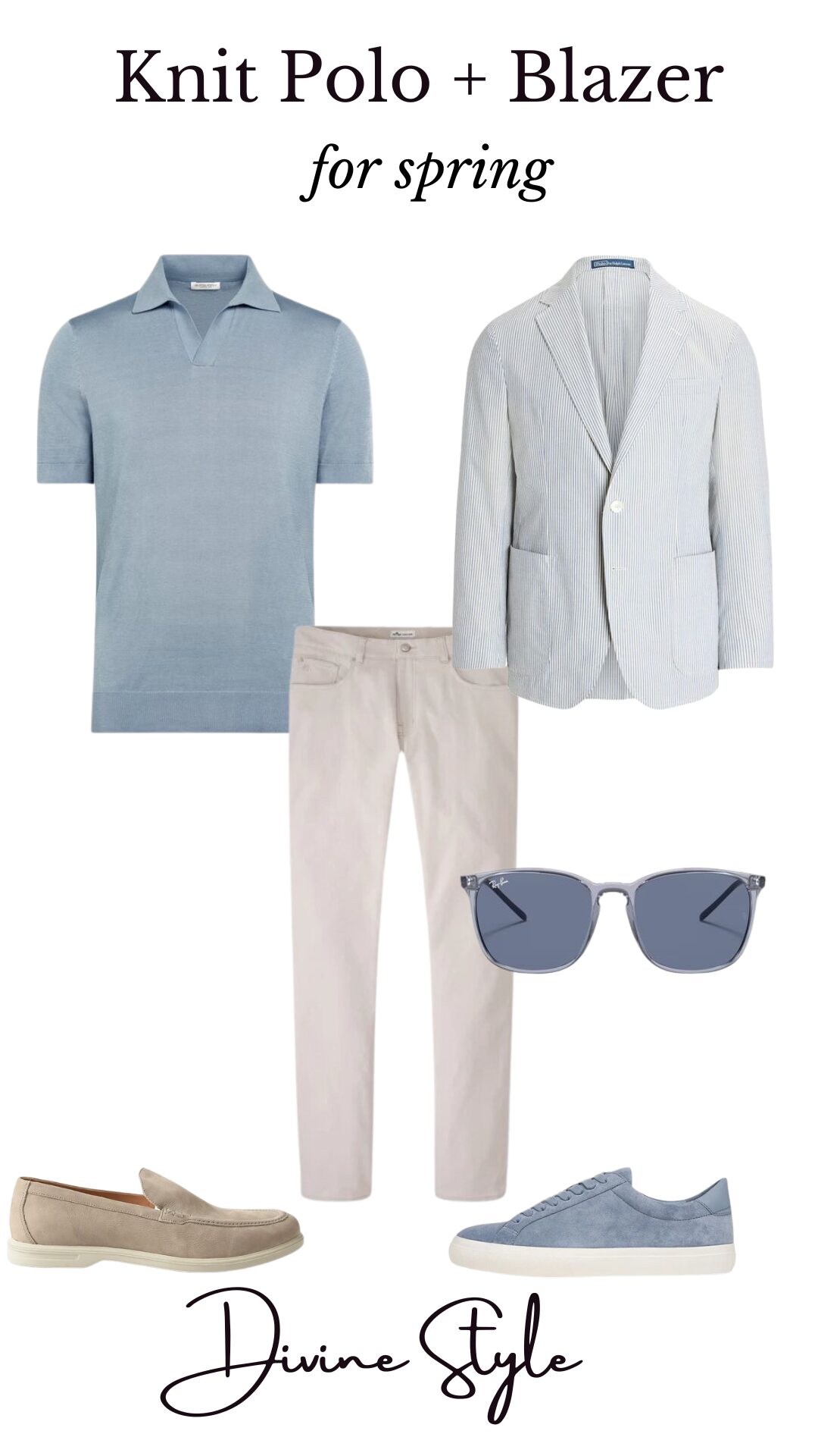 How to Elevate Your Spring Casual Outfits for men, men's casual spring outfit, men's blue knit polo shirt and blazer outfit