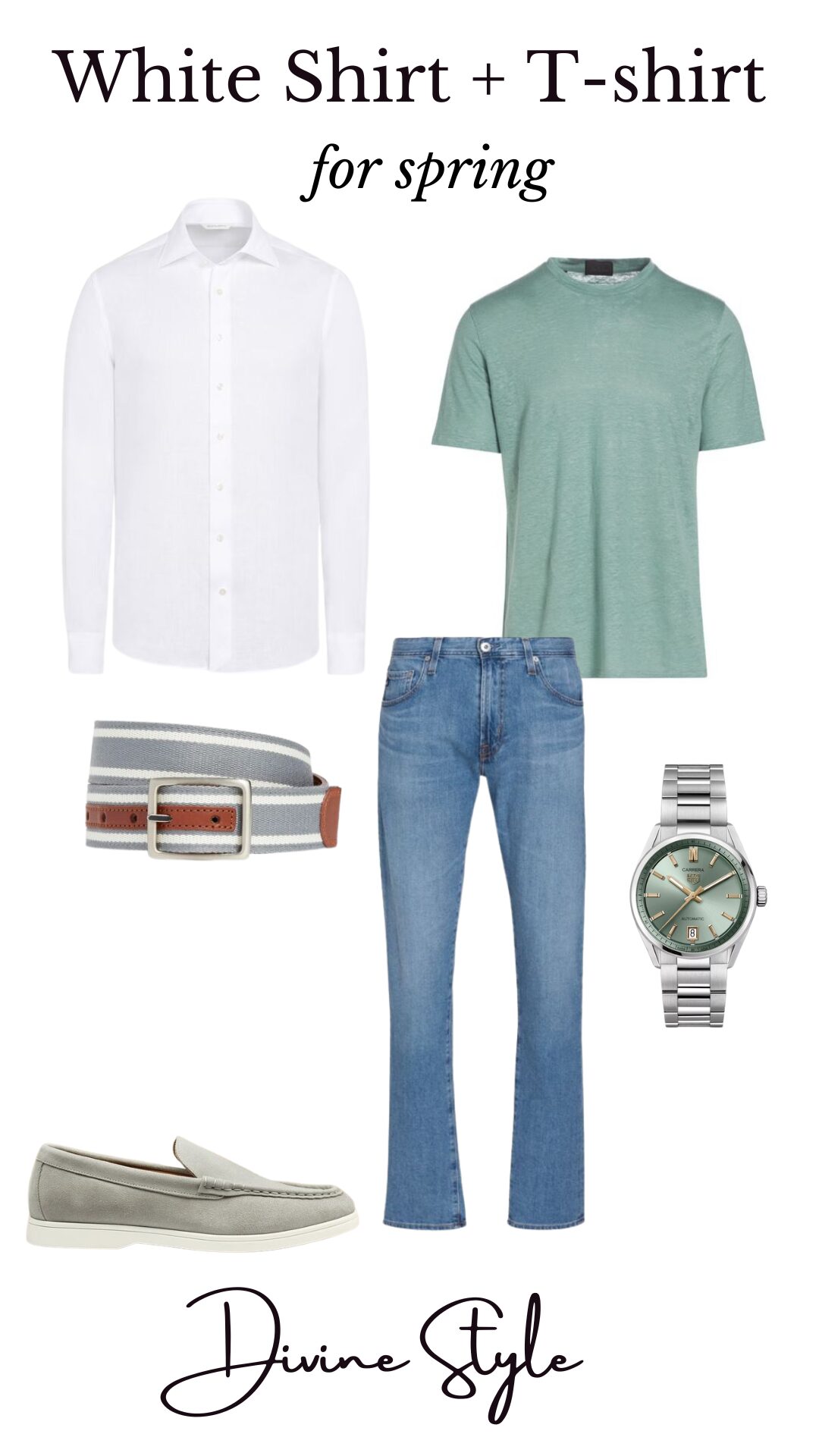 How to Elevate Your Spring Casual Outfits for men, men's casual spring outfit, men's white button down,t-shirt , jeans