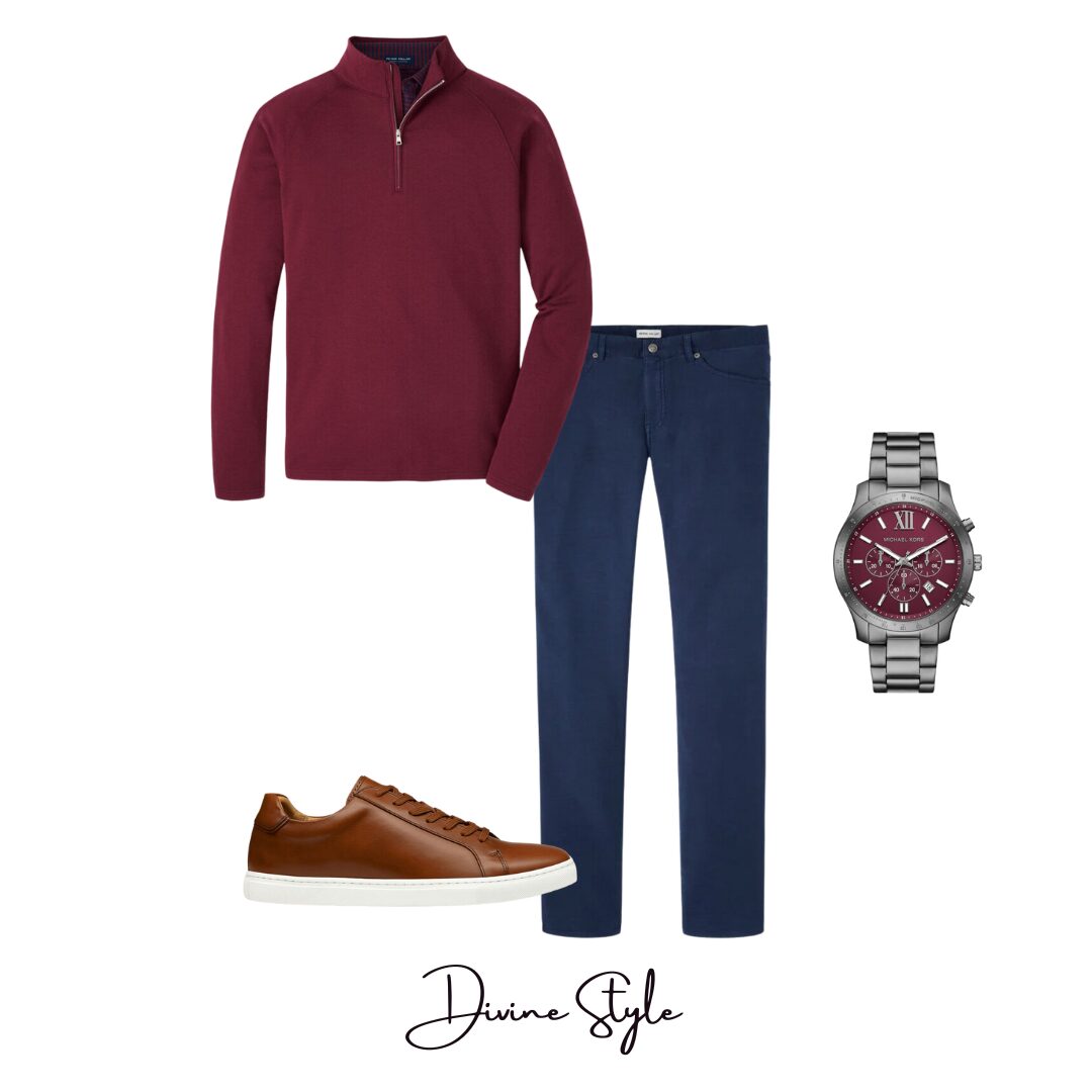 Effortless Casual Holiday Outfits for men, three quarter zip sweater, 5 pocket pants and sneakers, men's stylist, Divine Style