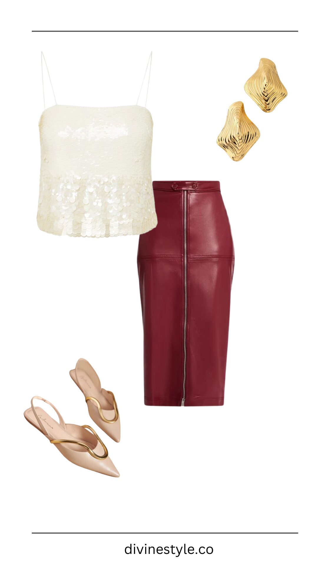 Holiday Outfits for Every Event, women's holiday outfit, leather skirt + sequin top