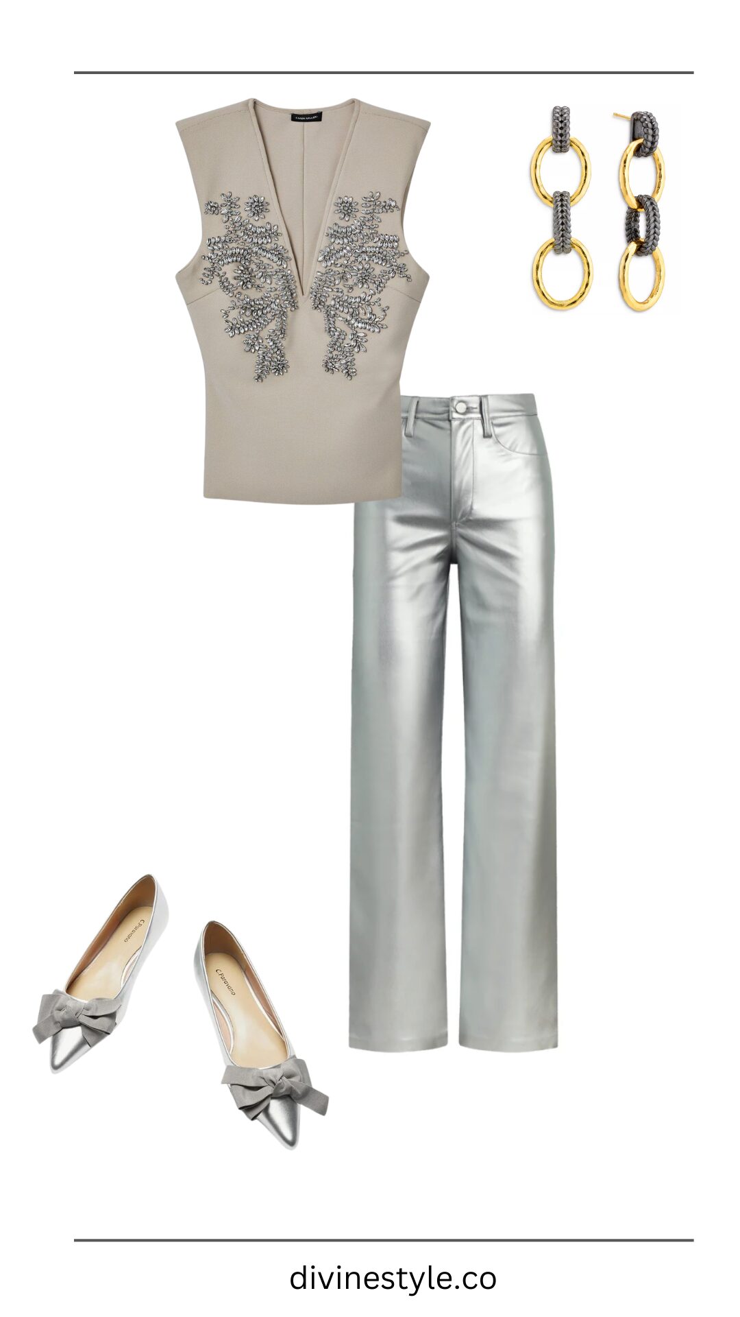 Holiday Outfits for Every Events, women's holiday outfit, women's silver jeans and embellished top