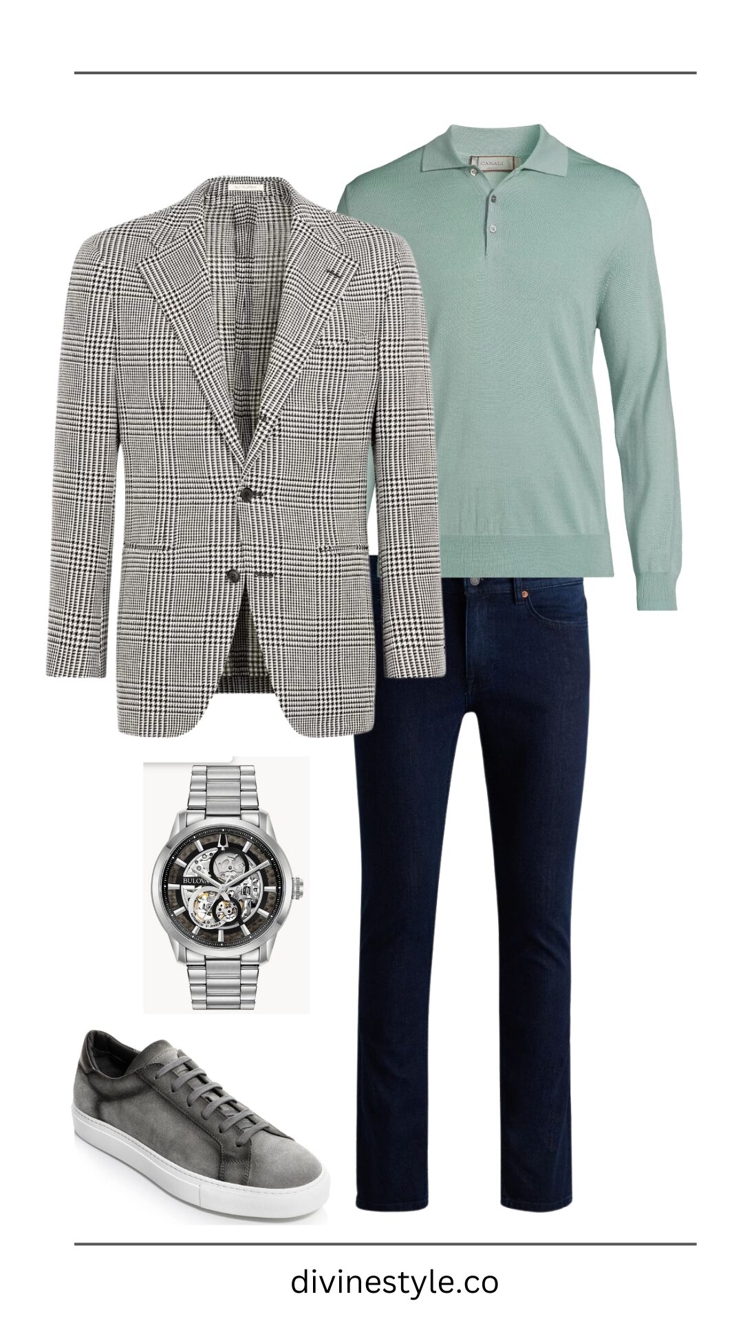 Holiday Outfits for Every Event, men's holiday outfit, men's black and white plaid sport coat, jeans and polo shirt, men's stylist